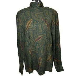 Vintage JH Collectibles Paisley Feather Print Dark Academia Blouse W 10 Green
